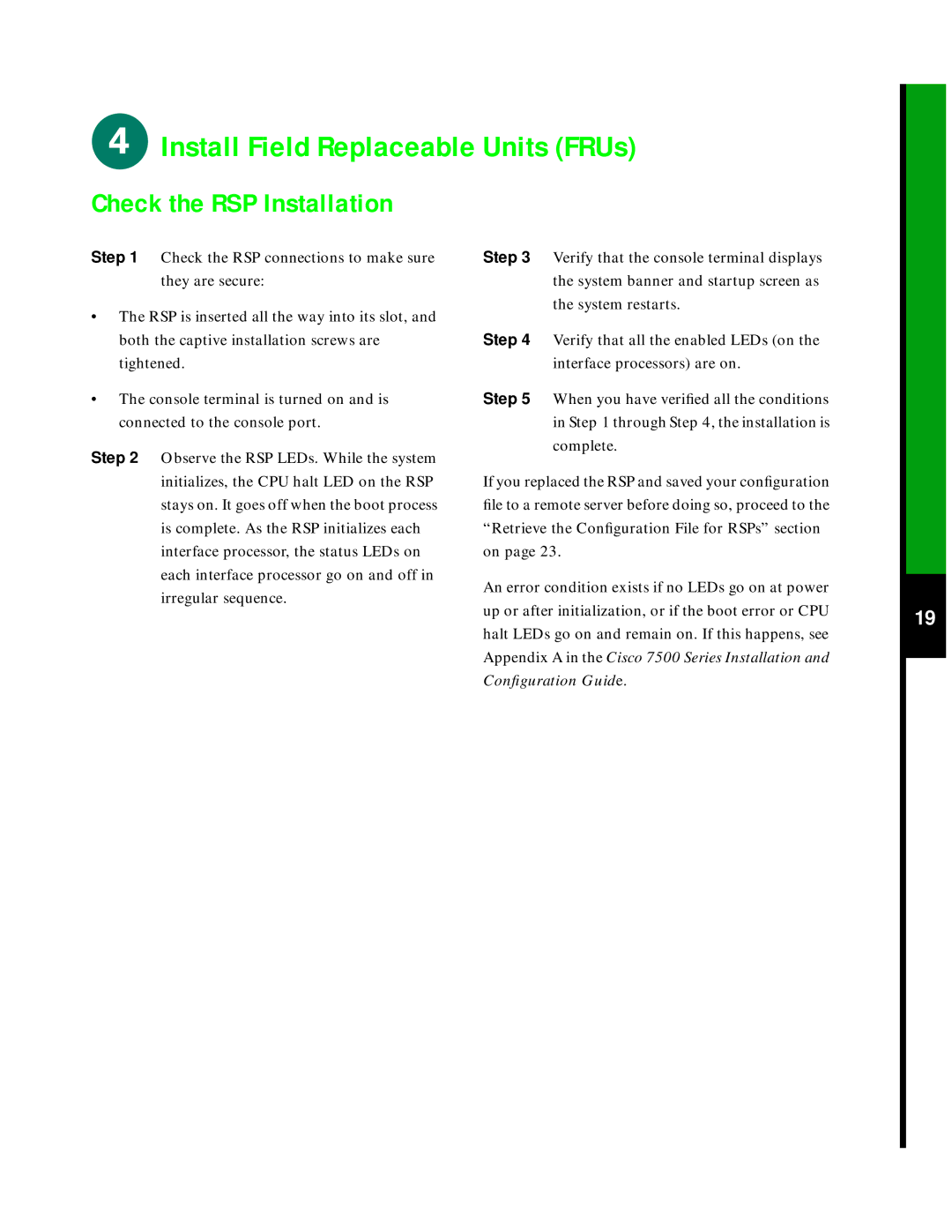 Cisco Systems 7505 quick start Check the RSP Installation 