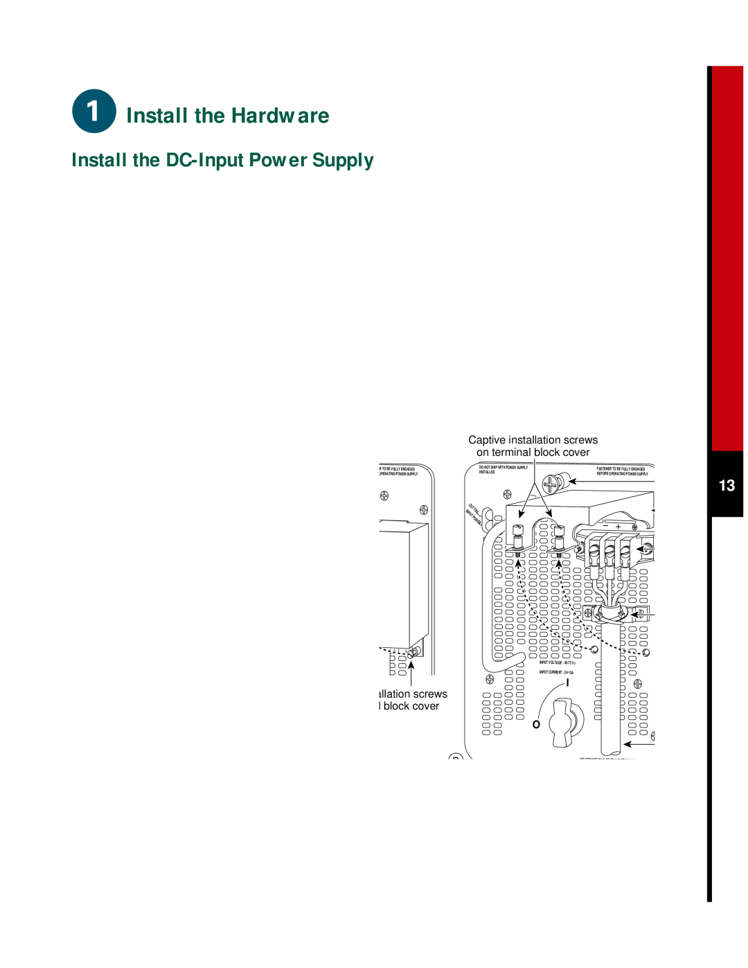 Cisco Systems 7507 Install the DC-Input Power Supply, Install the Hardware, Captive installation screws, l block cover 