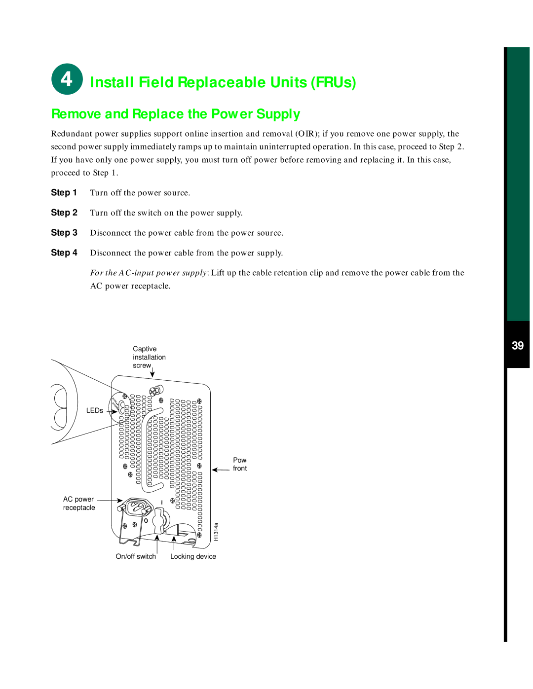 Cisco Systems 7507 quick start Remove and Replace the Power Supply 