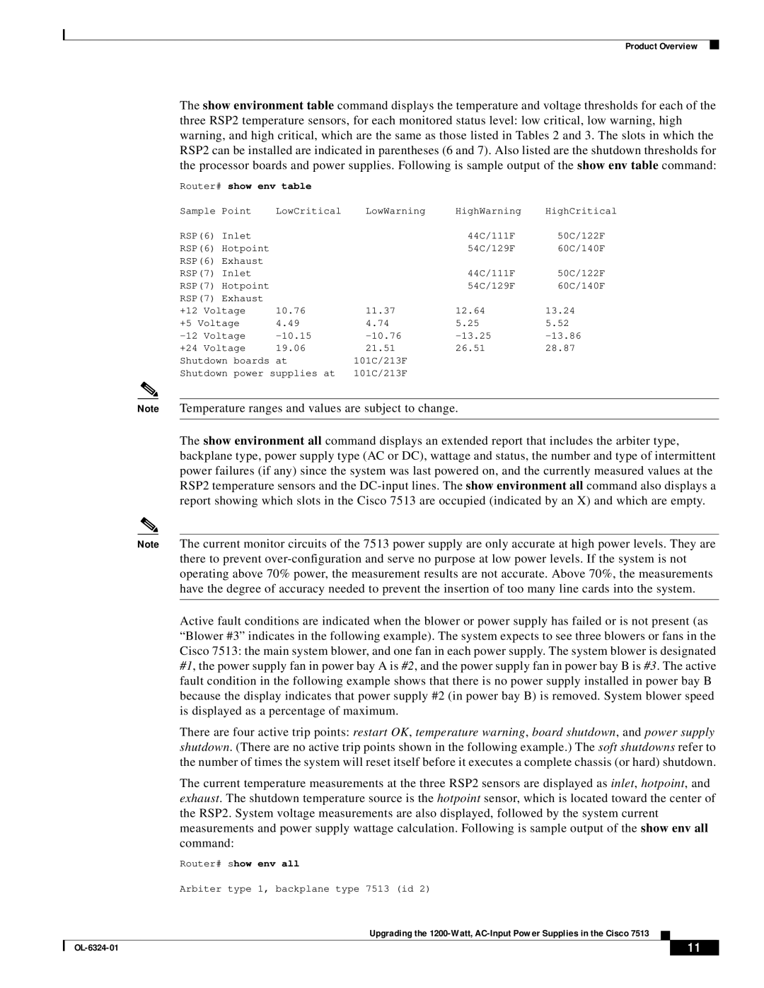 Cisco Systems 7513 manual Note Temperature ranges and values are subject to change 