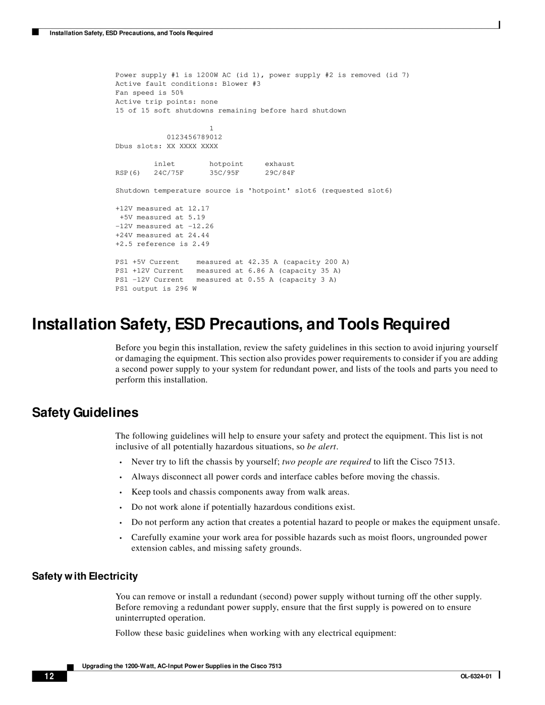 Cisco Systems 7513 Installation Safety, ESD Precautions, and Tools Required, Safety Guidelines, Safety with Electricity 