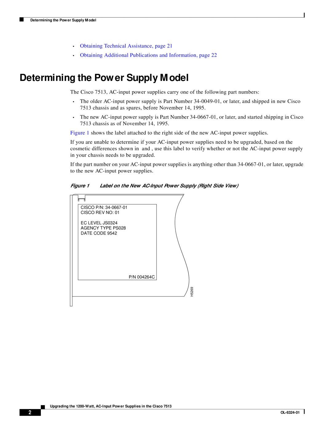 Cisco Systems 7513 manual Determining the Power Supply Model, Obtaining Technical Assistance, page 