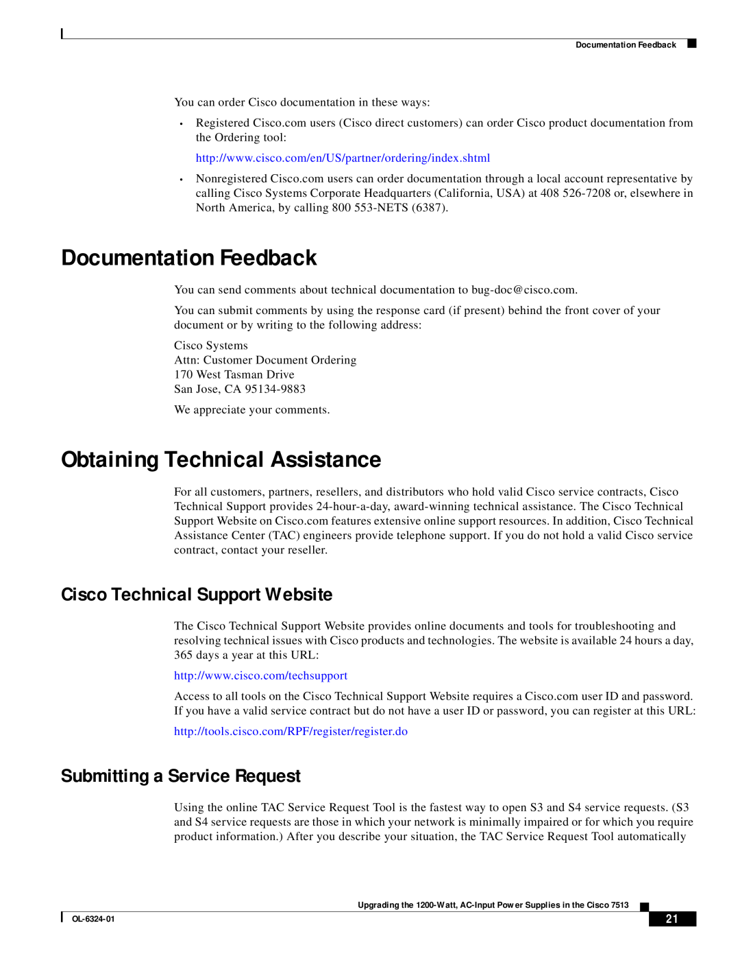 Cisco Systems 7513 manual Documentation Feedback, Obtaining Technical Assistance, Cisco Technical Support Website 