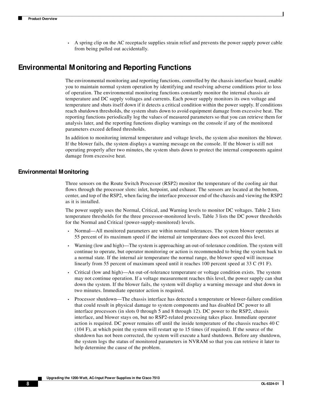 Cisco Systems 7513 manual Environmental Monitoring and Reporting Functions 