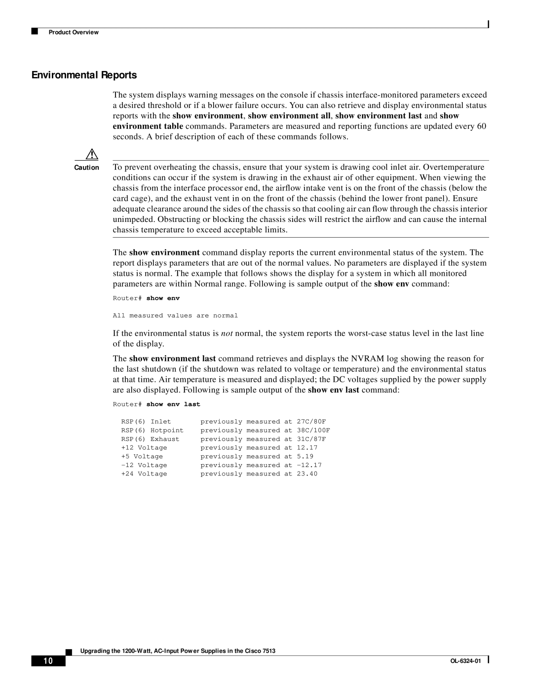 Cisco Systems 7513 manual Environmental Reports, Router# show env last 