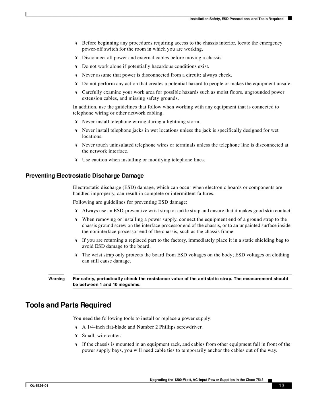 Cisco Systems 7513 manual Tools and Parts Required, Preventing Electrostatic Discharge Damage 