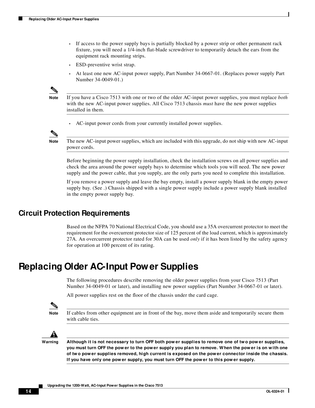 Cisco Systems 7513 manual Replacing Older AC-Input Power Supplies, Circuit Protection Requirements 