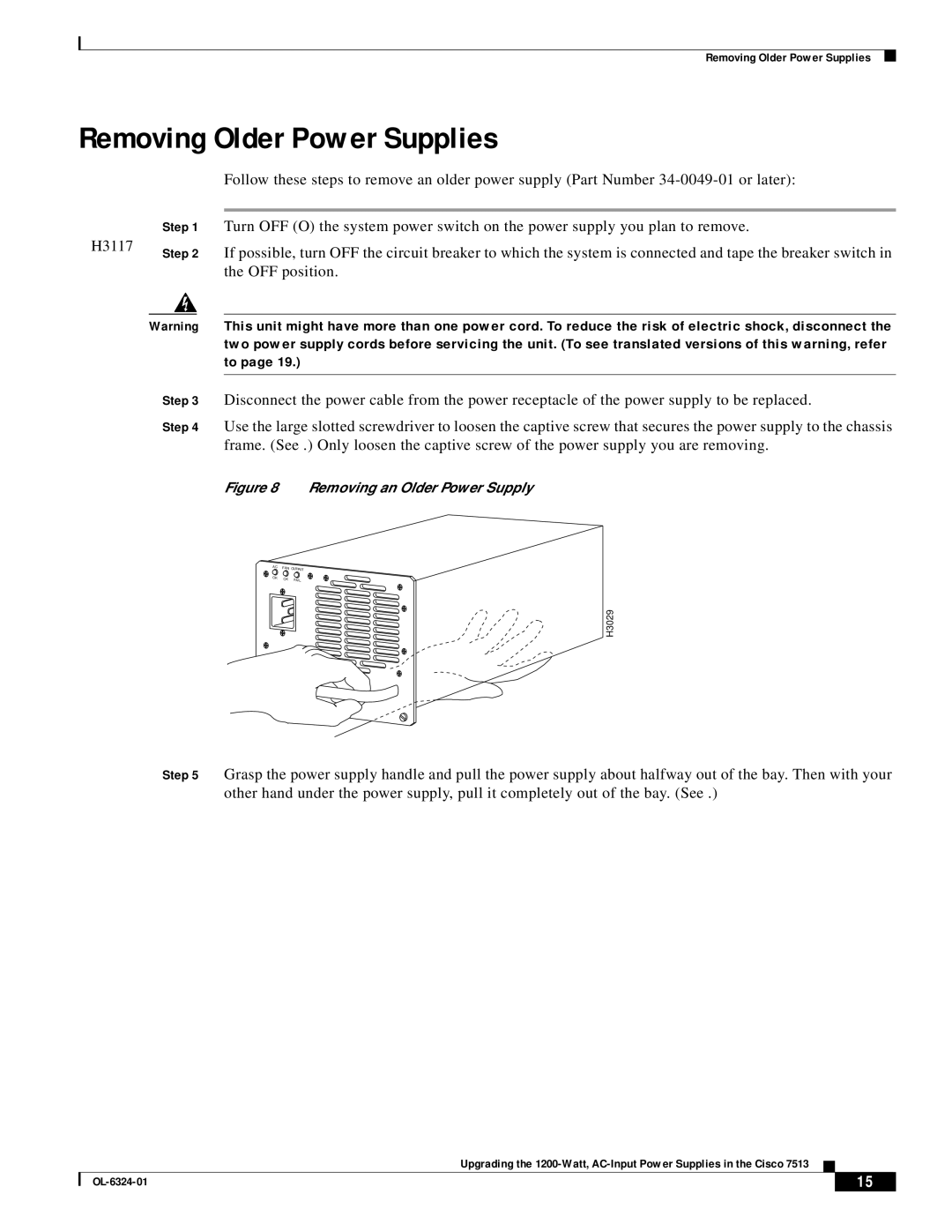 Cisco Systems 7513 manual Removing Older Power Supplies, OFF position 