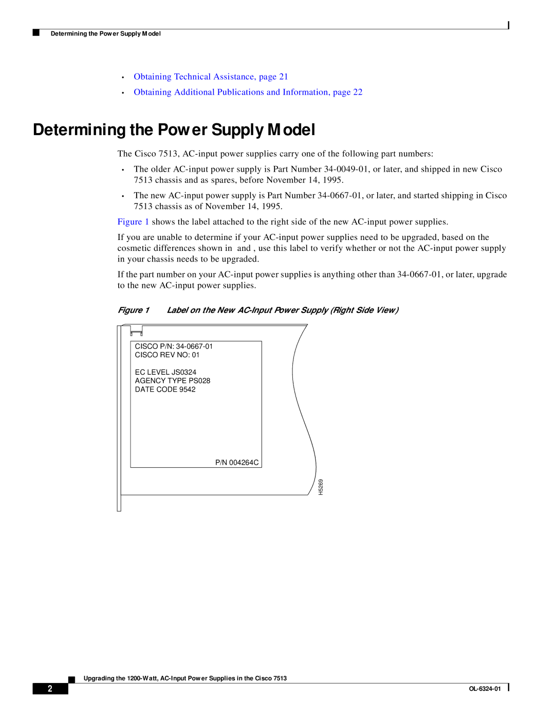 Cisco Systems 7513 manual Determining the Power Supply Model, Label on the New AC-Input Power Supply Right Side View 