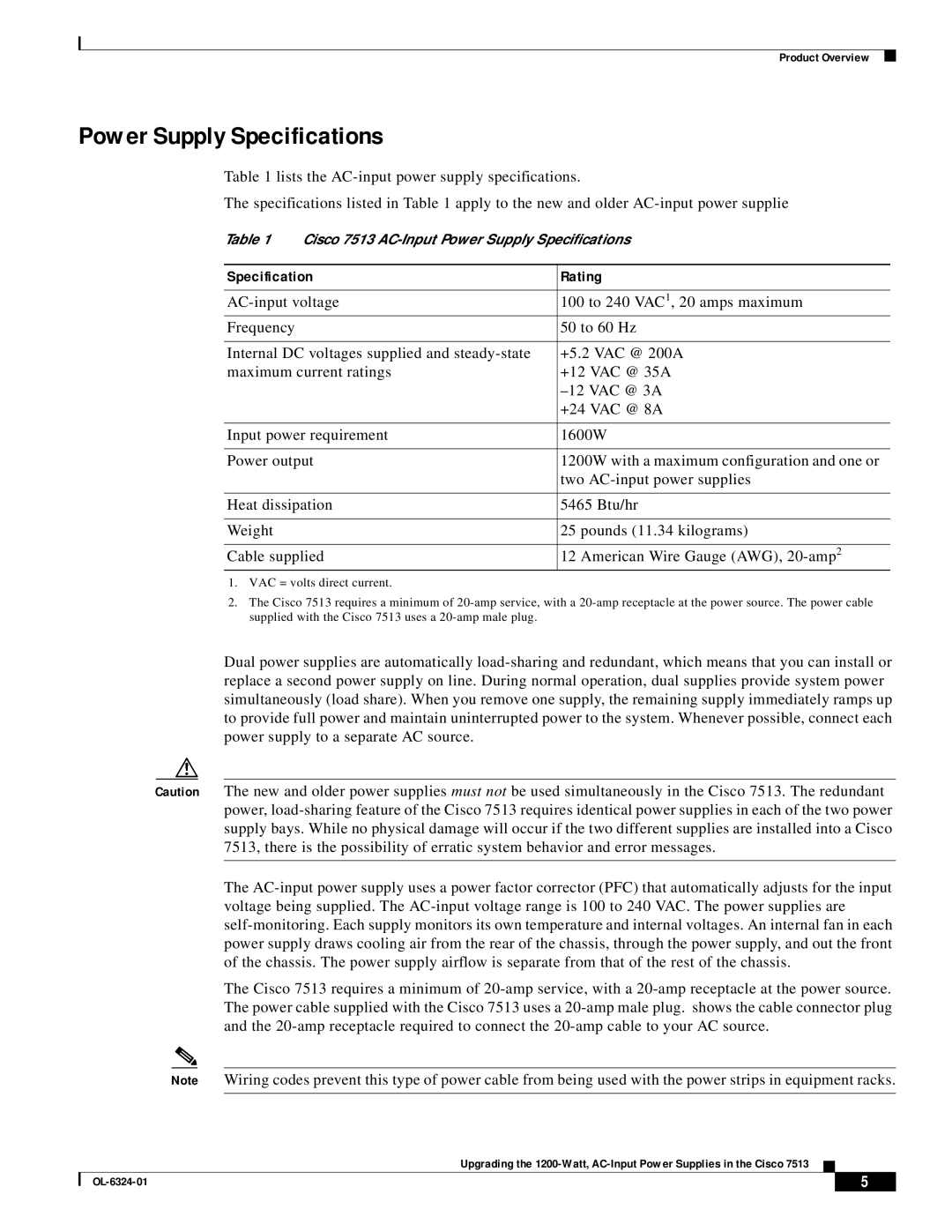 Cisco Systems 7513 manual Power Supply Specifications, Specification Rating 