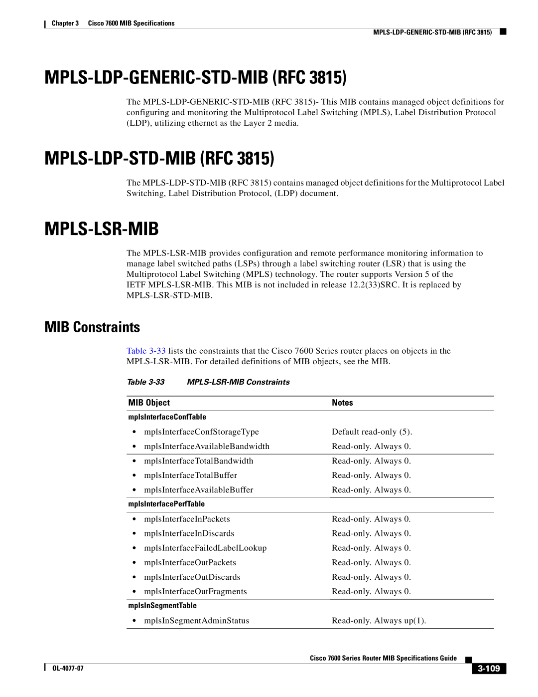 Cisco Systems 7600 MIB specifications Mpls-Ldp-Generic-Std-Mib Rfc, Mpls-Ldp-Std-Mib Rfc, Mpls-Lsr-Mib, 109 