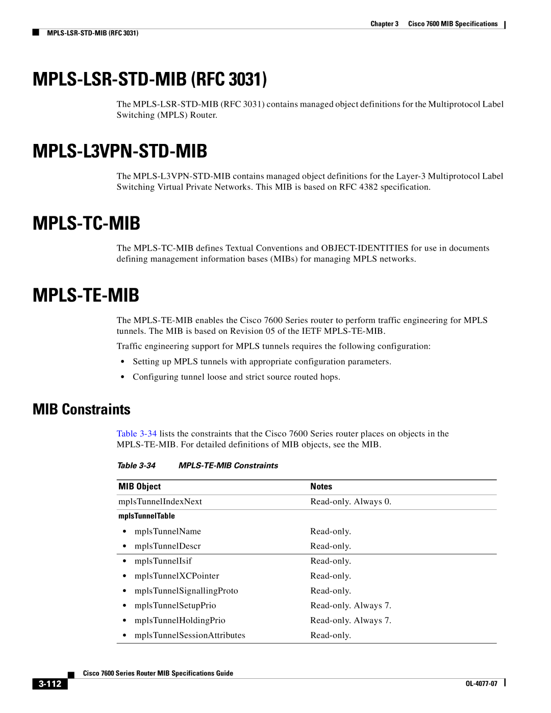 Cisco Systems 7600 MIB specifications Mpls-Lsr-Std-Mib Rfc, MPLS-L3VPN-STD-MIB, Mpls-Tc-Mib, Mpls-Te-Mib, 112 