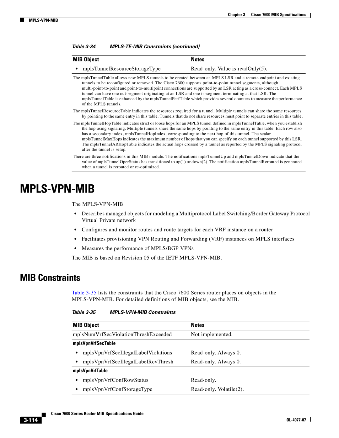 Cisco Systems 7600 MIB specifications Mpls-Vpn-Mib, MplsNumVrfSecViolationThreshExceeded Not implemented, 114 