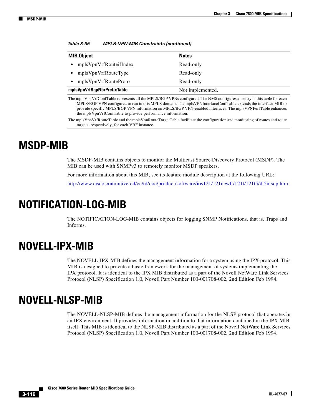 Cisco Systems 7600 MIB specifications Msdp-Mib, Notification-Log-Mib, Novell-Ipx-Mib, Novell-Nlsp-Mib, 116 