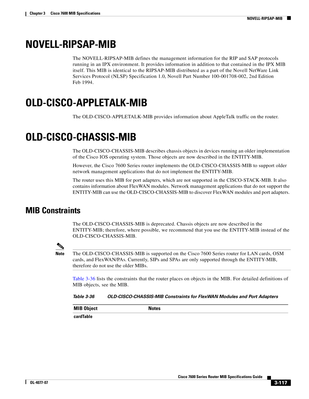 Cisco Systems 7600 MIB specifications Novell-Ripsap-Mib, Old-Cisco-Appletalk-Mib, Old-Cisco-Chassis-Mib, 117 