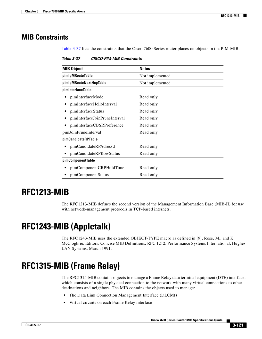 Cisco Systems 7600 MIB specifications RFC1213-MIB, PimCandidateRPAdressd Read only PimCandidateRPRowStatus 