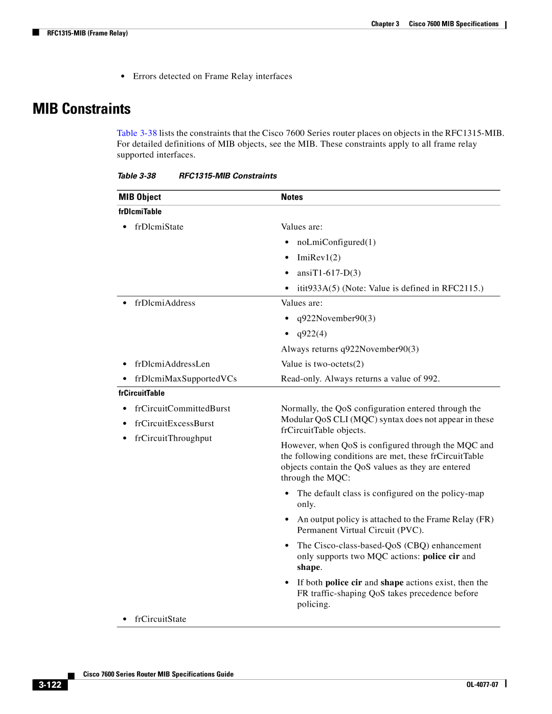 Cisco Systems 7600 MIB specifications Errors detected on Frame Relay interfaces, 122 