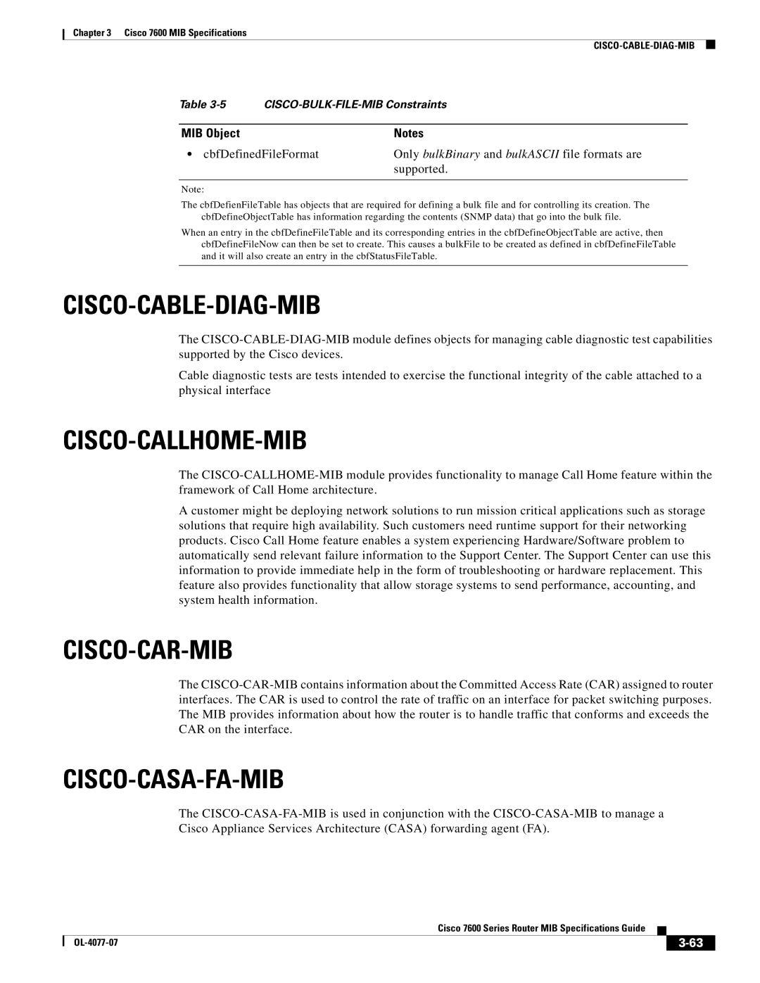 Cisco Systems 7600 MIB specifications Cisco-Cable-Diag-Mib, Cisco-Callhome-Mib, Cisco-Car-Mib, Cisco-Casa-Fa-Mib 