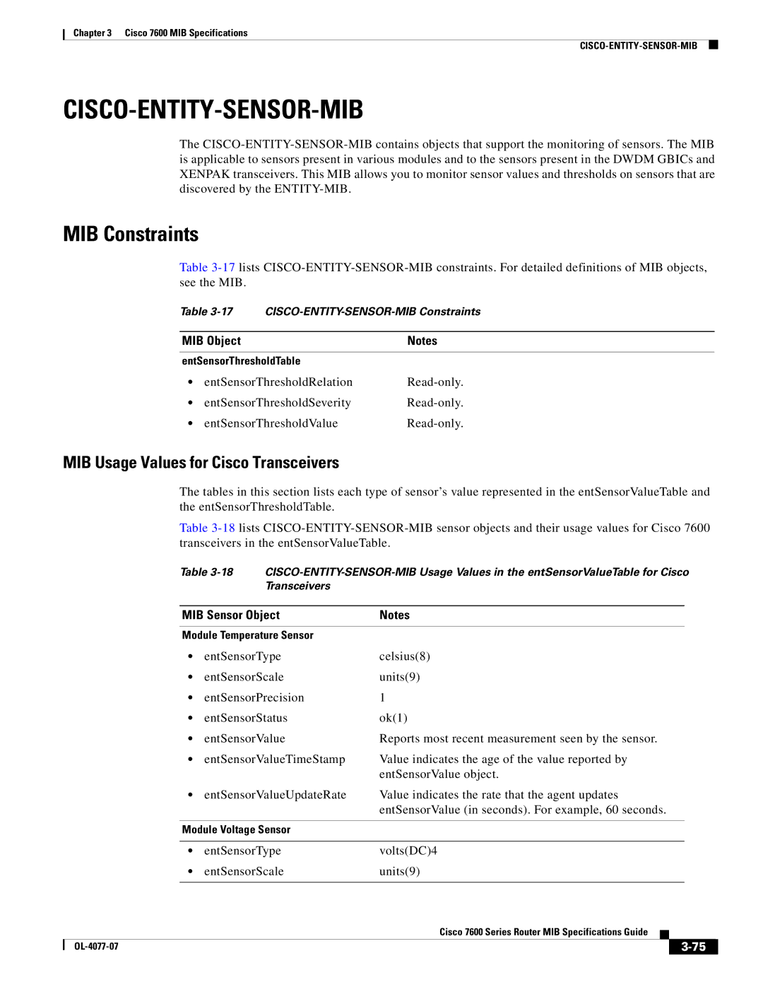 Cisco Systems 7600 MIB specifications Cisco-Entity-Sensor-Mib, EntSensorType VoltsDC4 EntSensorScale Units9 