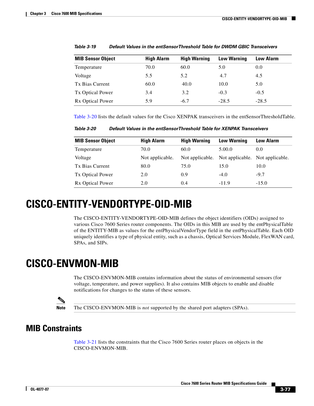 Cisco Systems 7600 MIB specifications Cisco-Entity-Vendortype-Oid-Mib, Cisco-Envmon-Mib 