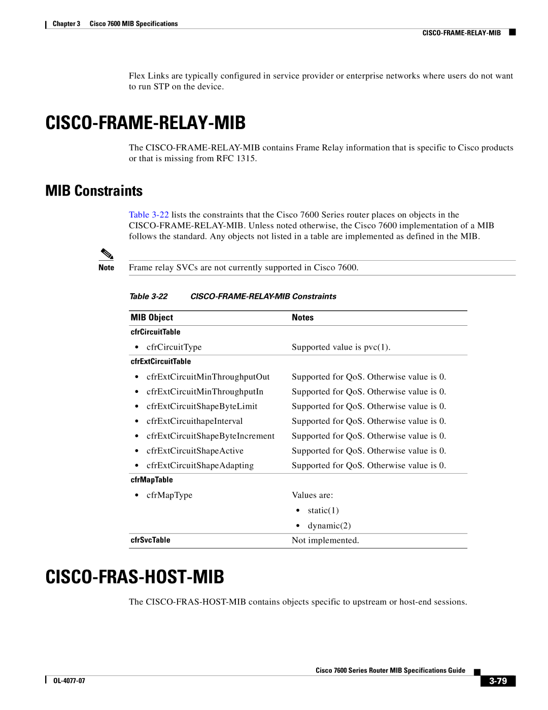 Cisco Systems 7600 MIB specifications Cisco-Frame-Relay-Mib, Cisco-Fras-Host-Mib, CfrCircuitType Supported value is pvc1 