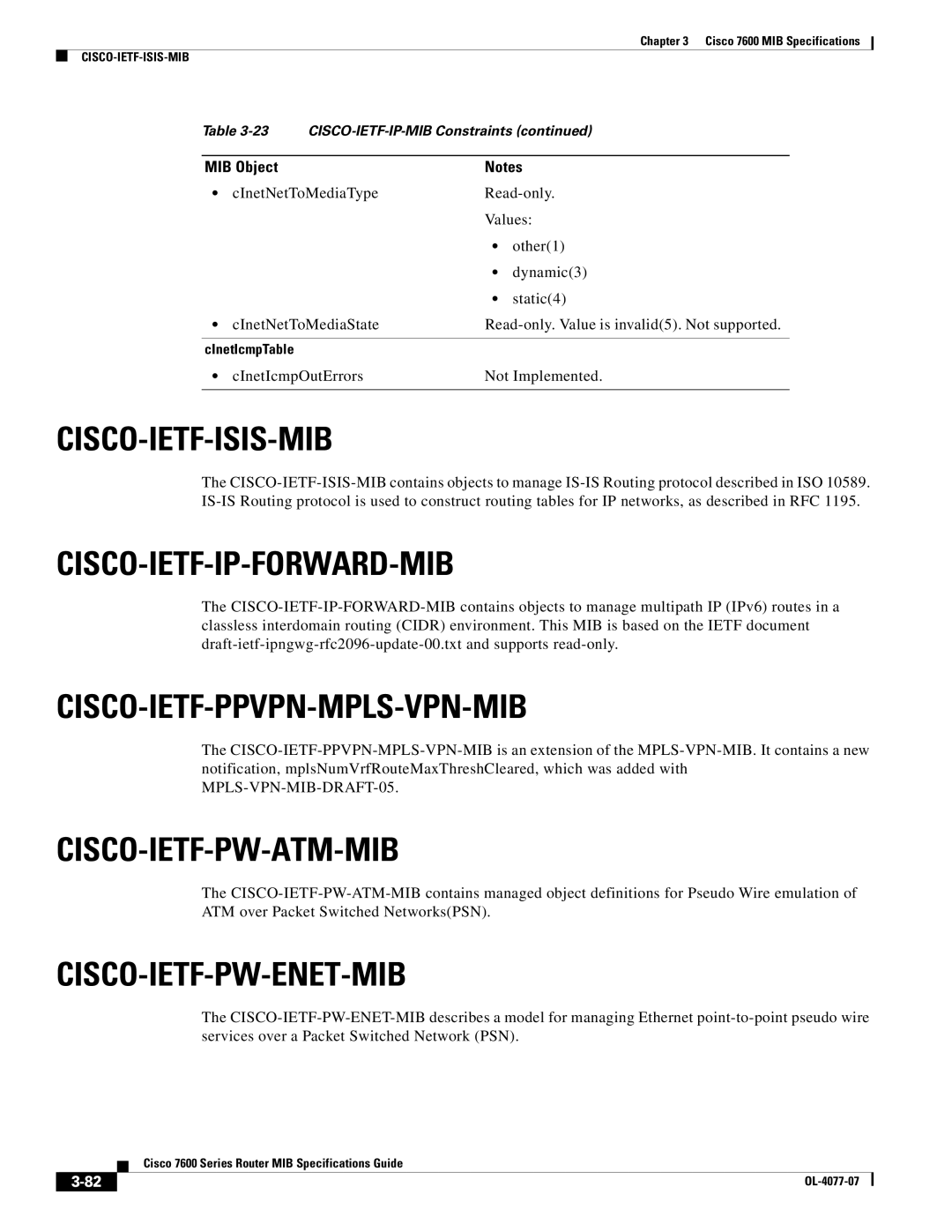 Cisco Systems 7600 MIB specifications Cisco-Ietf-Isis-Mib, Cisco-Ietf-Ip-Forward-Mib, Cisco-Ietf-Ppvpn-Mpls-Vpn-Mib 