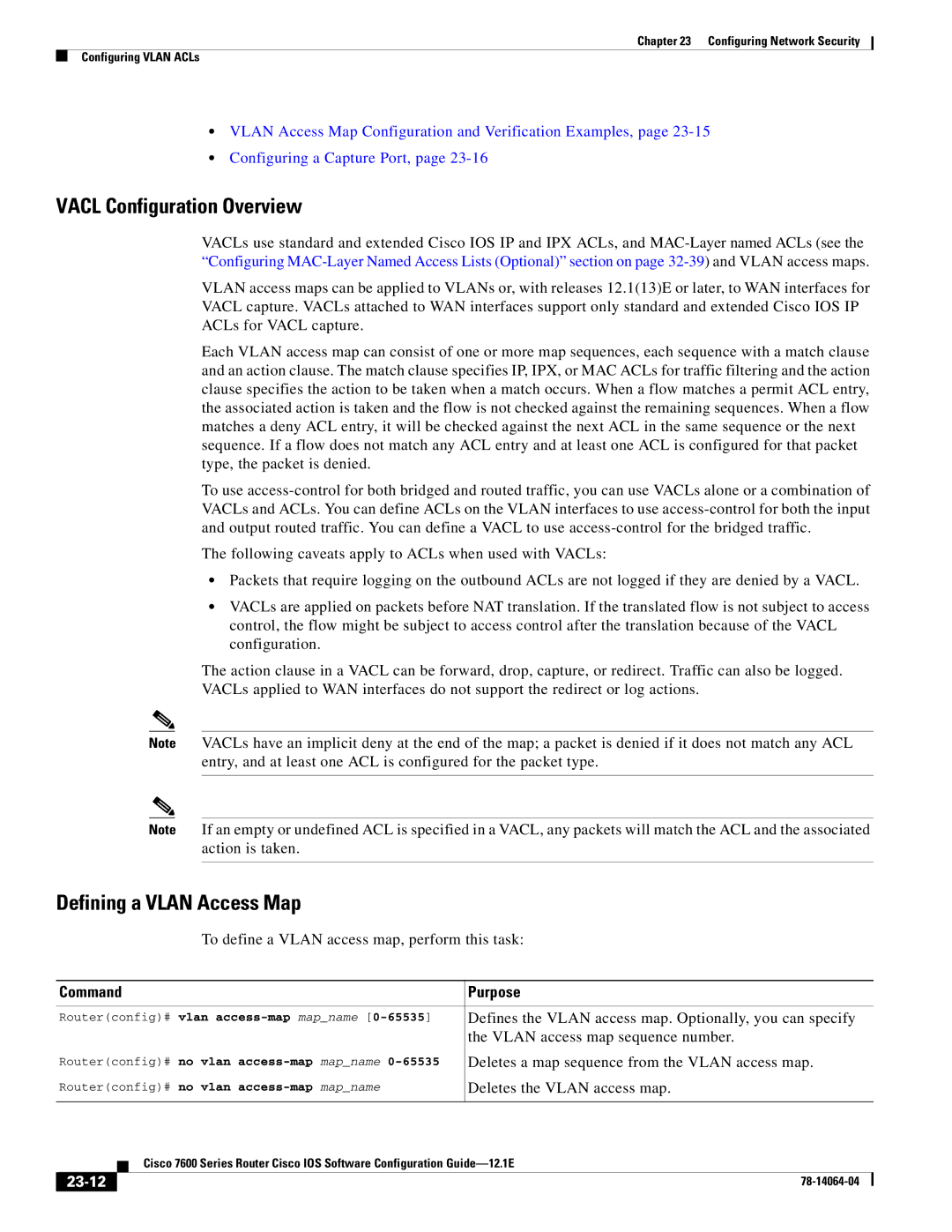 Cisco Systems 7600 SERIES manual Vacl Configuration Overview, Defining a Vlan Access Map, 23-12 