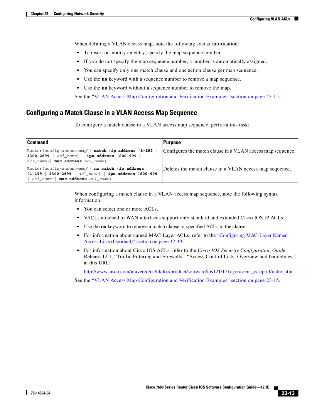 Cisco Systems 7600 SERIES manual Configuring a Match Clause in a Vlan Access Map Sequence, 23-13 