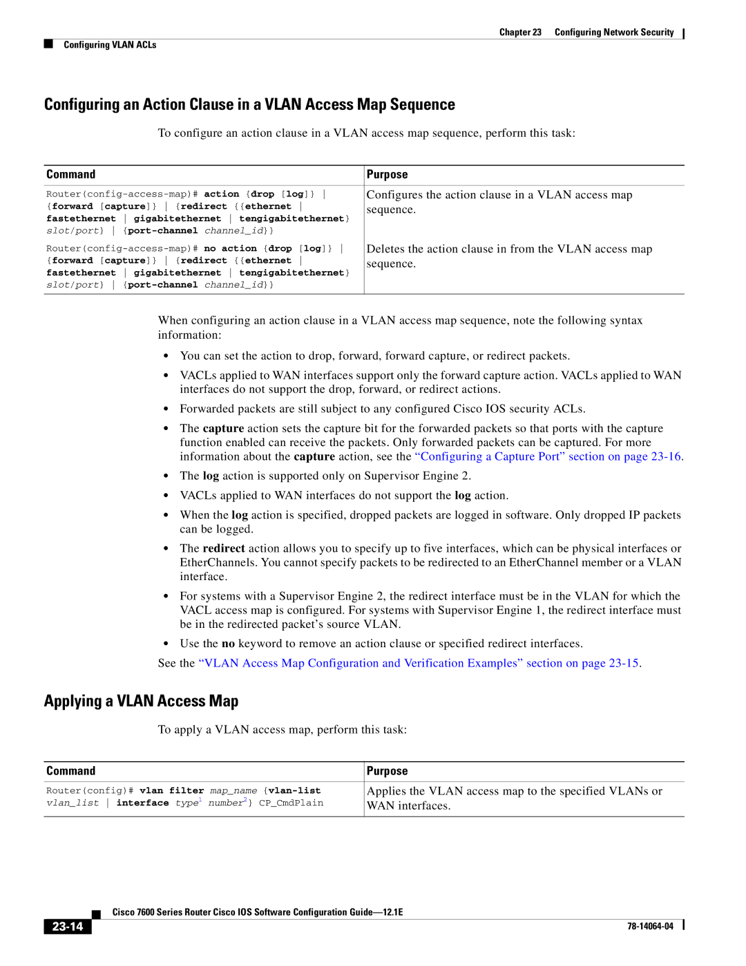 Cisco Systems 7600 SERIES Configuring an Action Clause in a Vlan Access Map Sequence, Applying a Vlan Access Map, 23-14 