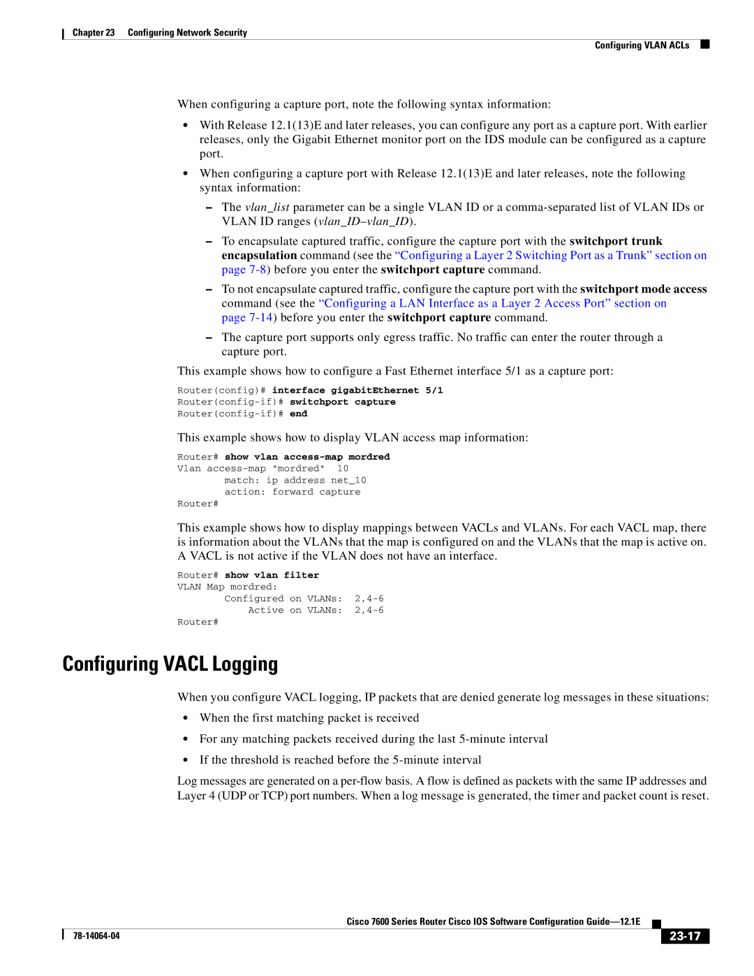 Cisco Systems 7600 SERIES manual Configuring Vacl Logging, 23-17 