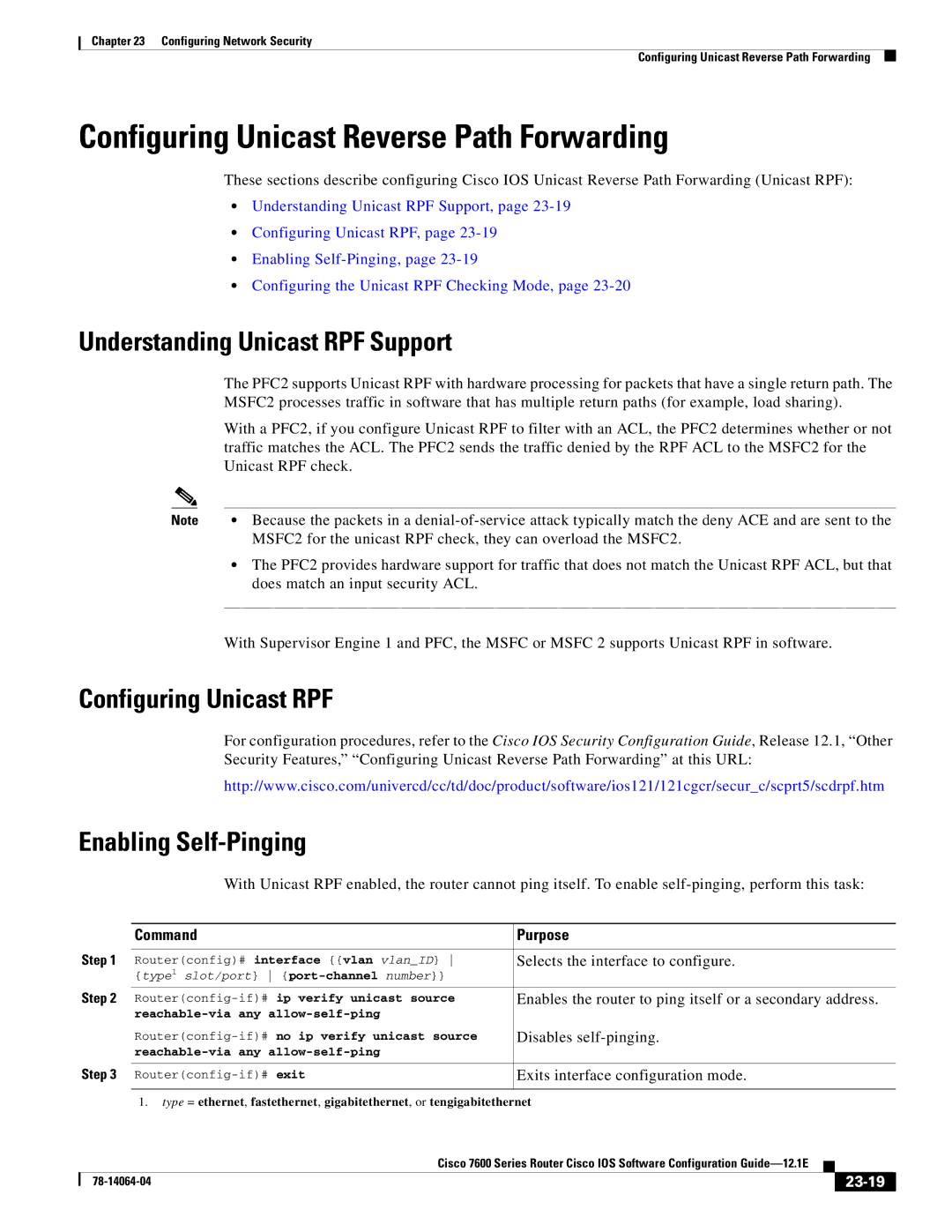 Cisco Systems 7600 SERIES manual Configuring Unicast Reverse Path Forwarding, Understanding Unicast RPF Support, 23-19 