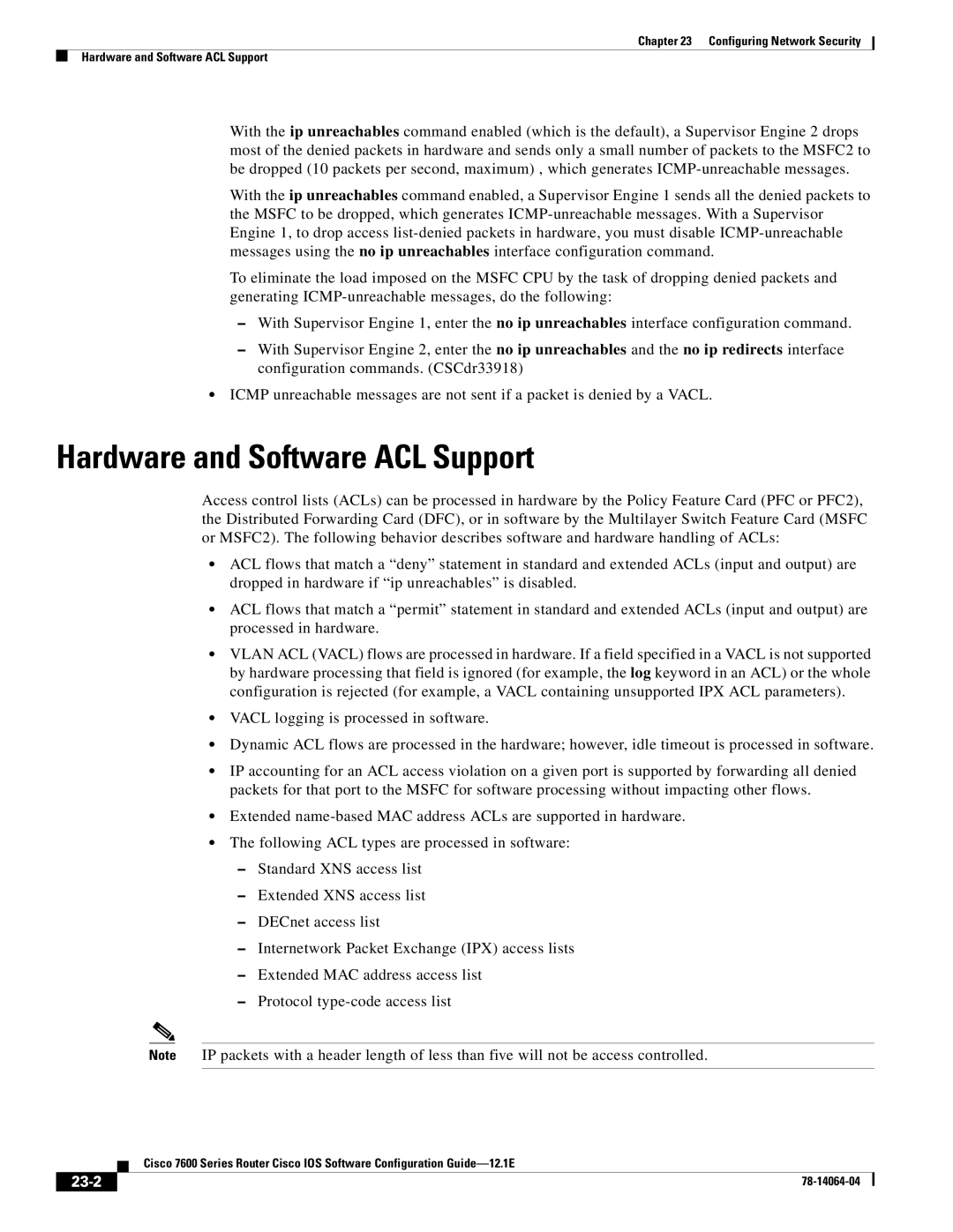 Cisco Systems 7600 SERIES manual Hardware and Software ACL Support, 23-2 