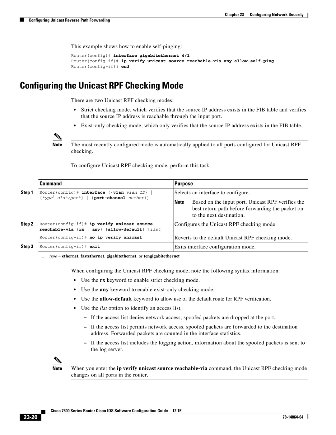 Cisco Systems 7600 SERIES manual Configuring the Unicast RPF Checking Mode, 23-20 