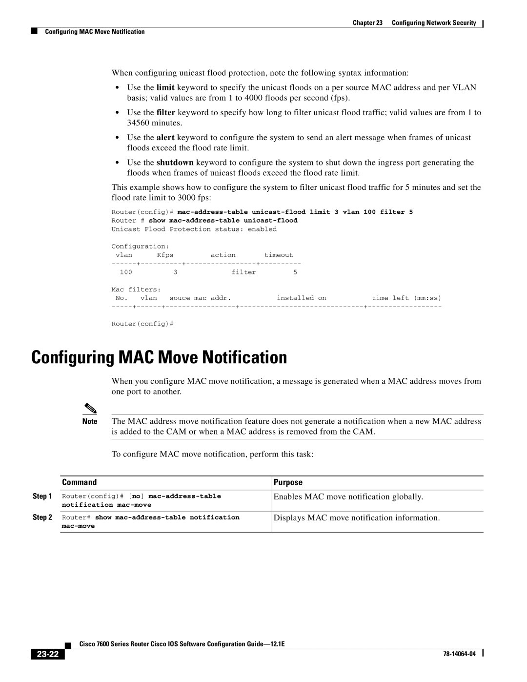 Cisco Systems 7600 SERIES manual Configuring MAC Move Notification, 23-22 