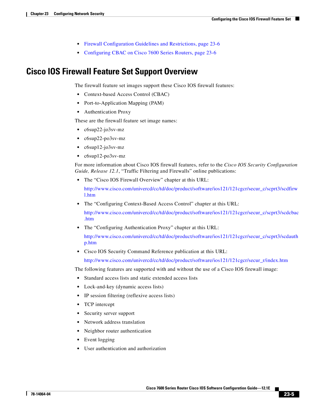 Cisco Systems 7600 SERIES manual Cisco IOS Firewall Feature Set Support Overview, 23-5 