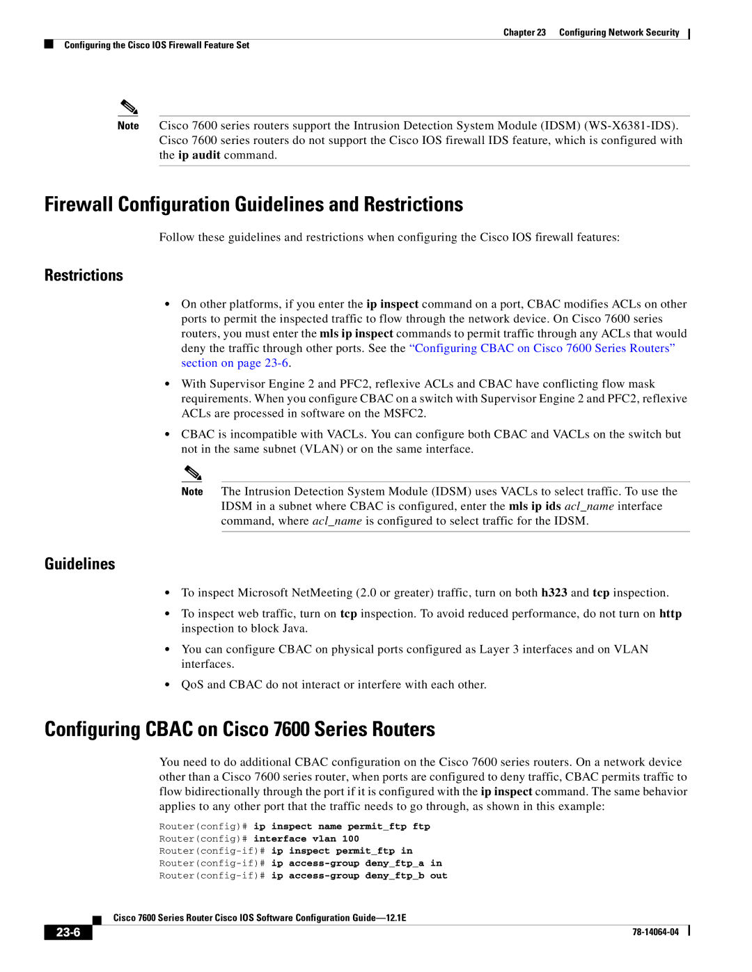 Cisco Systems 7600 SERIES manual Firewall Configuration Guidelines and Restrictions, 23-6 