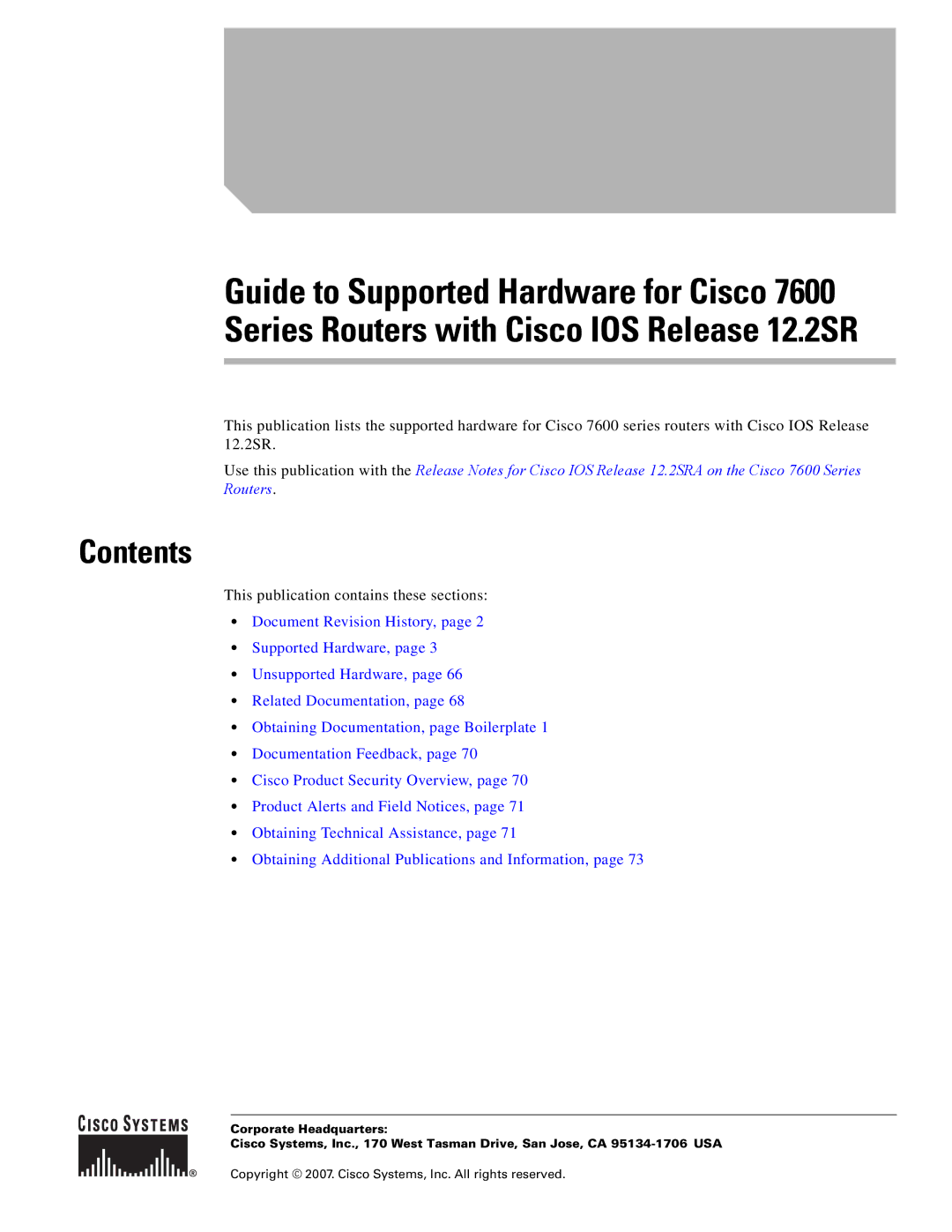 Cisco Systems 7600 SERIES manual Contents 