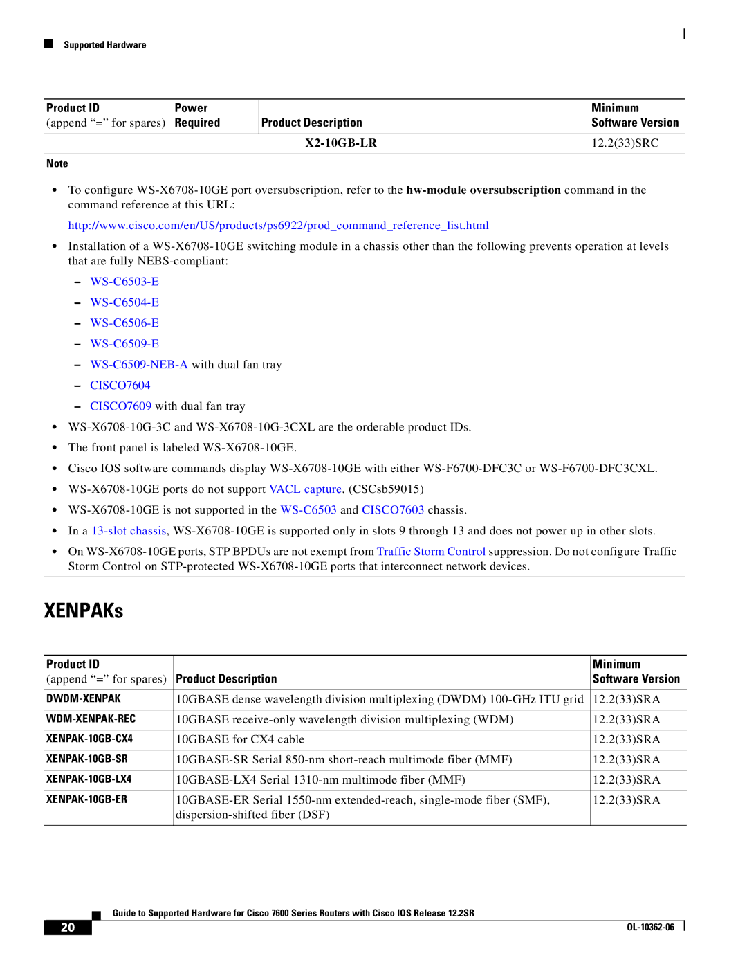 Cisco Systems 7600 SERIES manual XENPAKs, X2-10GB-LR 12.233SRC, WS-C6503-E WS-C6504-E WS-C6506-E WS-C6509-E, CISCO7604 