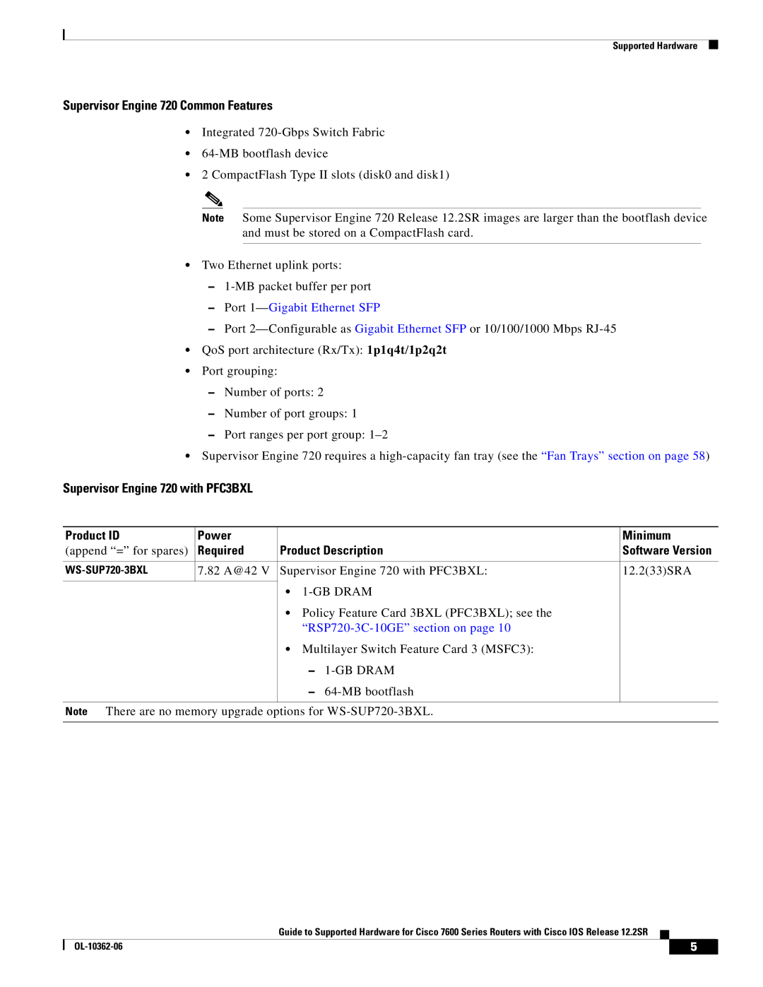 Cisco Systems 7600 SERIES manual Supervisor Engine 720 Common Features, Supervisor Engine 720 with PFC3BXL 