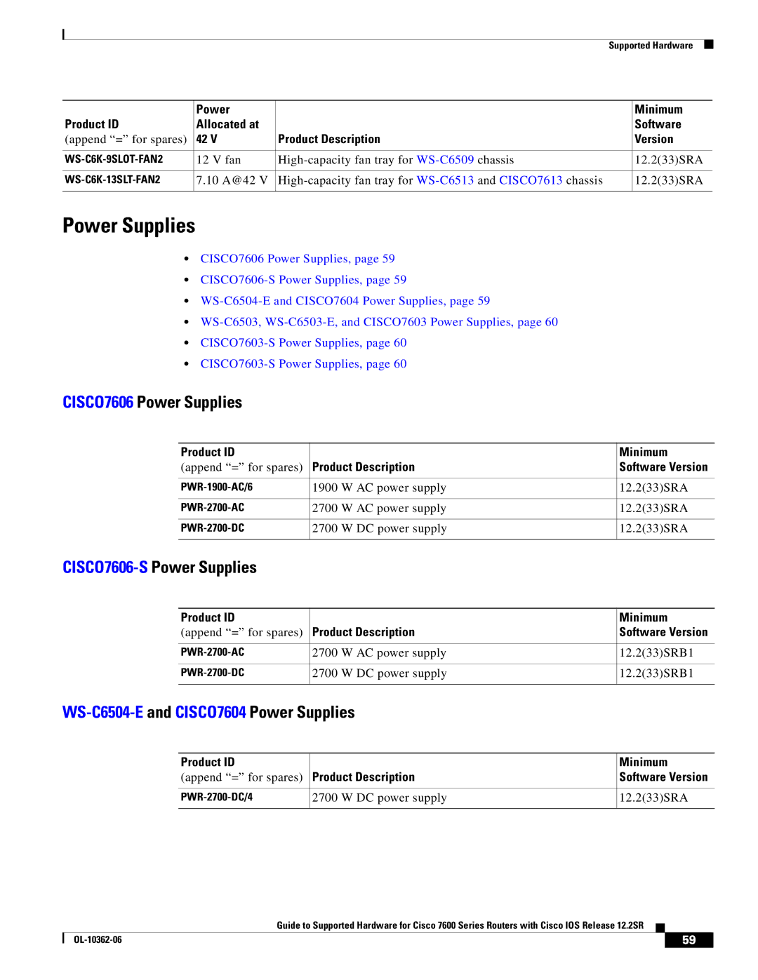 Cisco Systems 7600 SERIES manual CISCO7606 Power Supplies, CISCO7606-S Power Supplies 