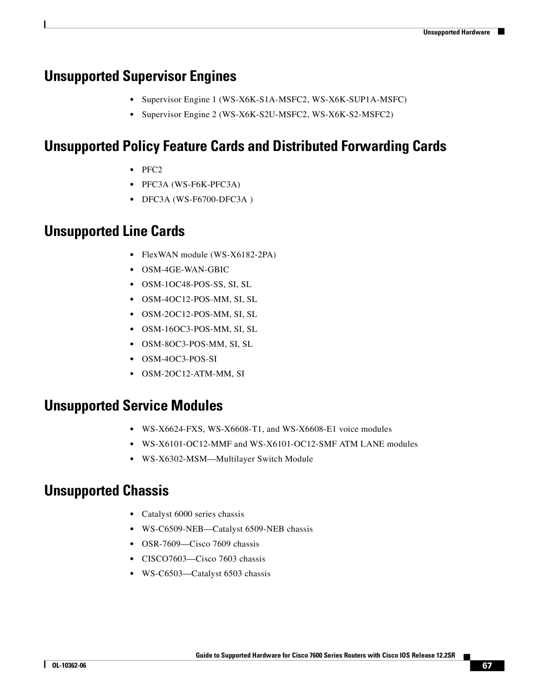 Cisco Systems 7600 SERIES manual Unsupported Supervisor Engines, Unsupported Line Cards, Unsupported Chassis 