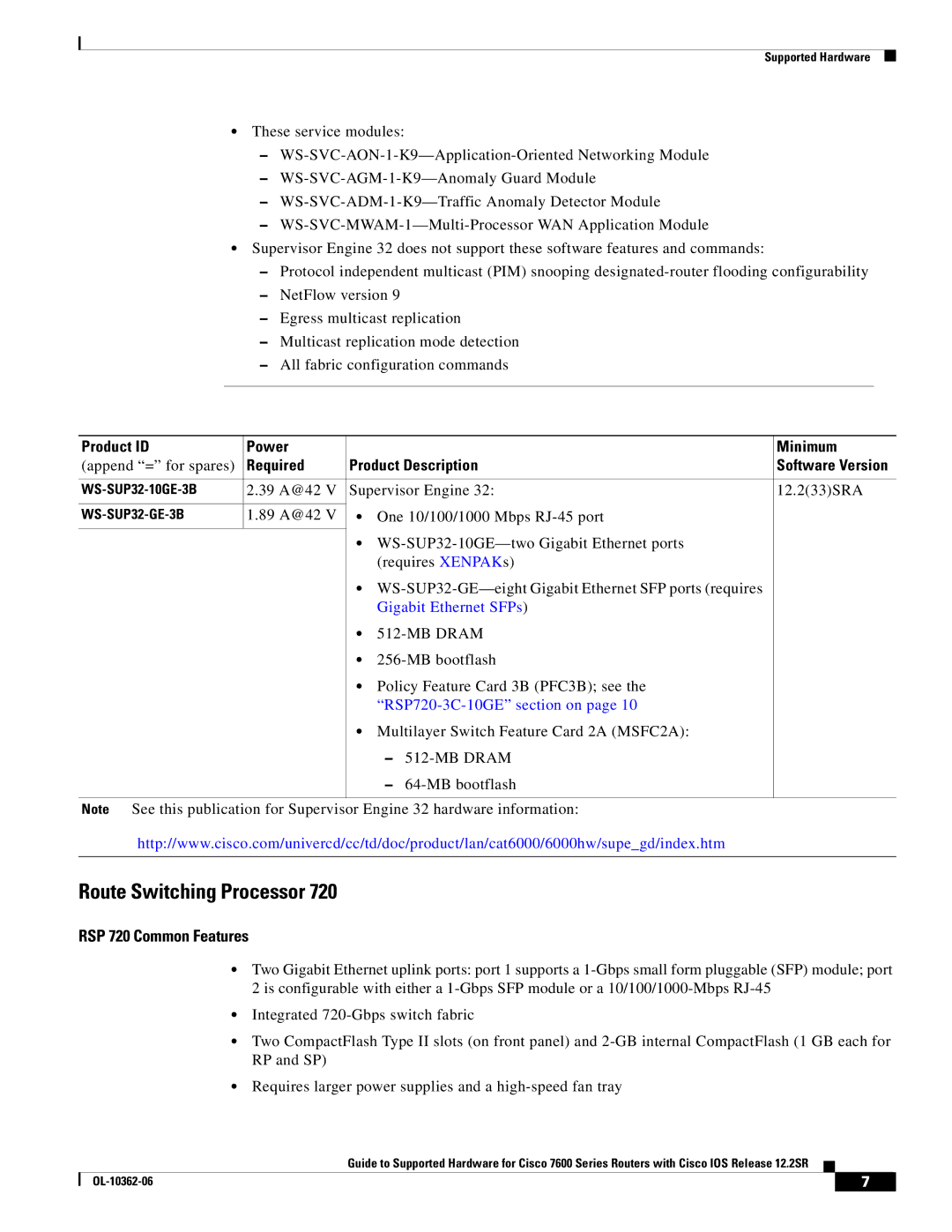 Cisco Systems 7600 SERIES manual Route Switching Processor, RSP 720 Common Features, Gigabit Ethernet SFPs 