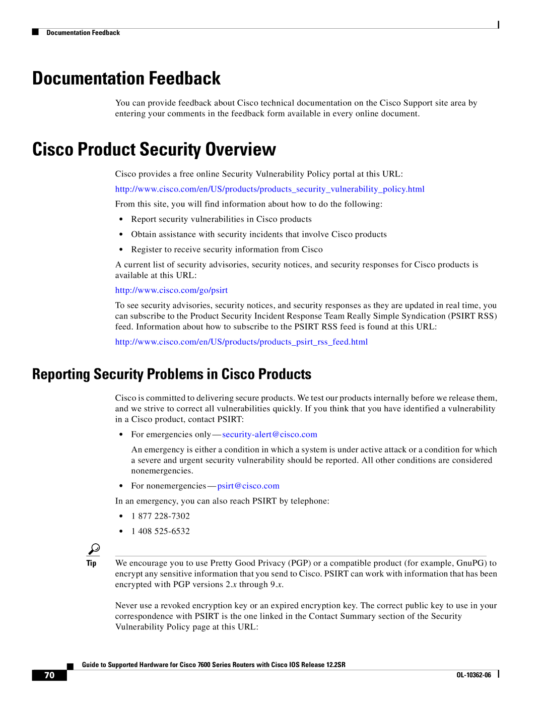 Cisco Systems 7600 SERIES manual Documentation Feedback, Cisco Product Security Overview 