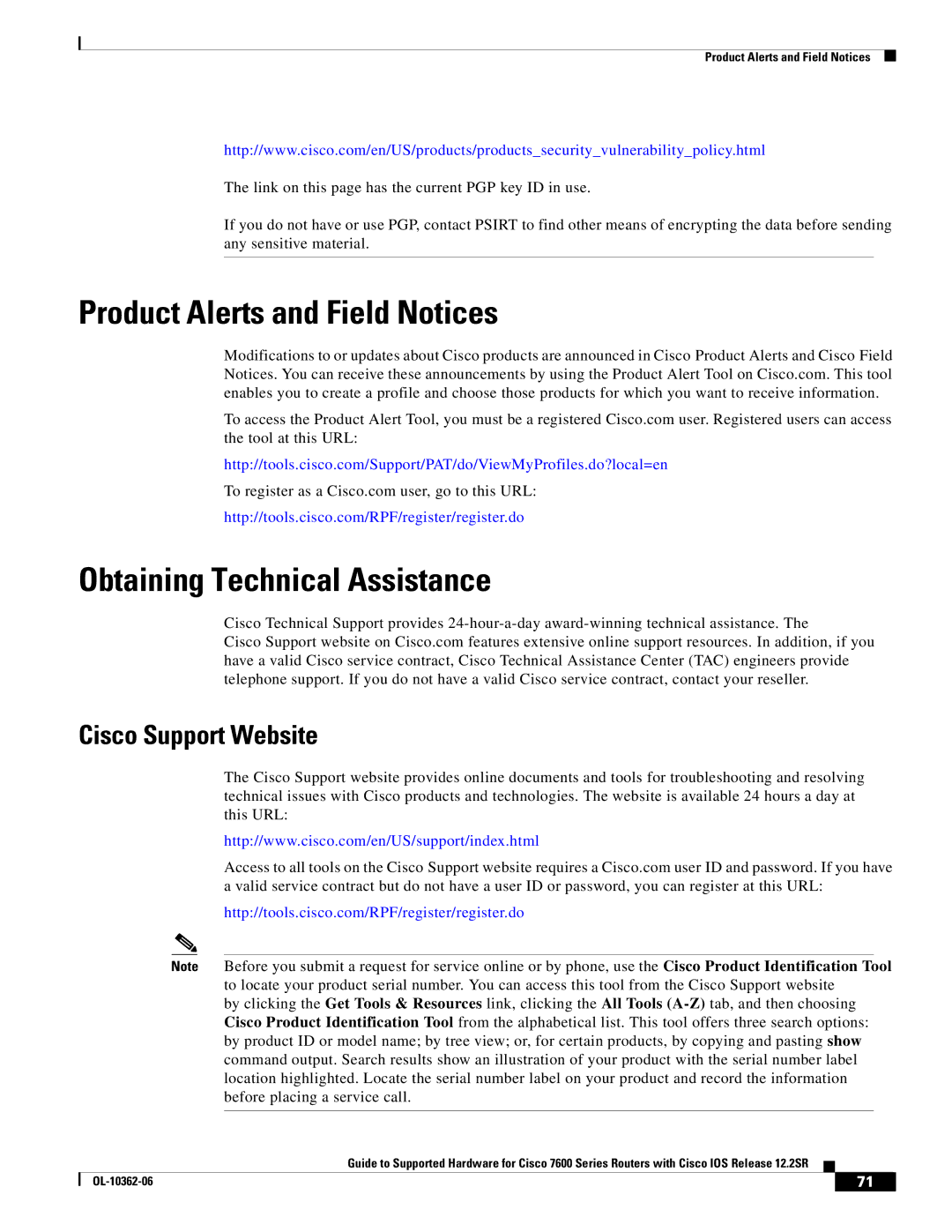 Cisco Systems 7600 SERIES manual Product Alerts and Field Notices, Obtaining Technical Assistance, Cisco Support Website 