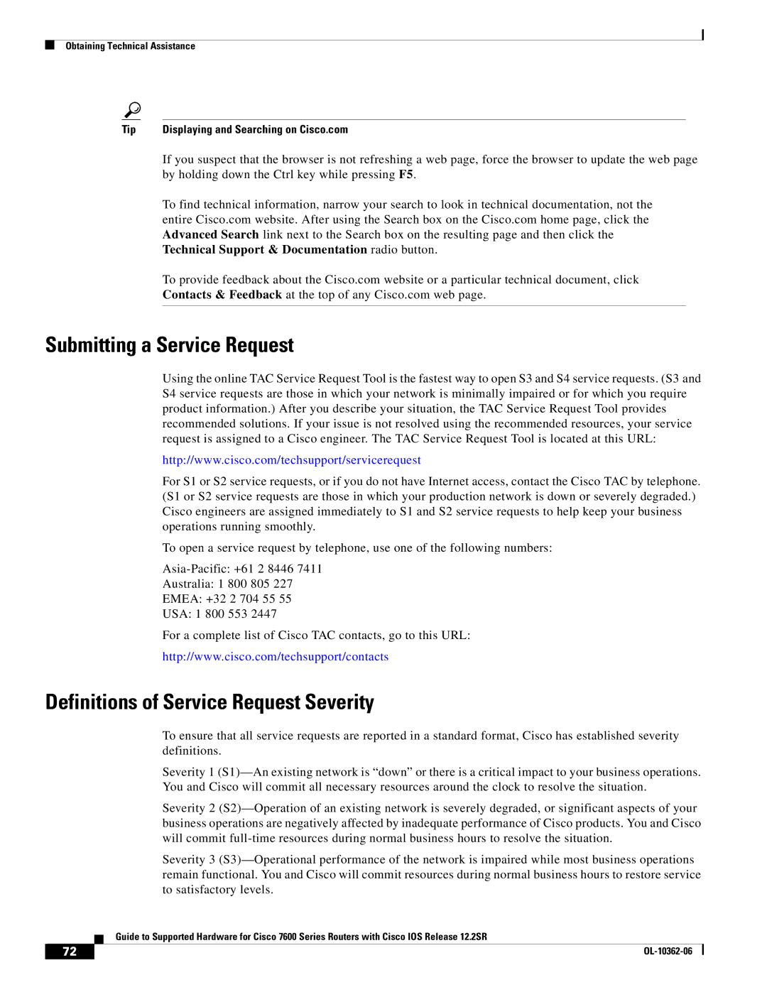 Cisco Systems 7600 SERIES manual Submitting a Service Request, Definitions of Service Request Severity 