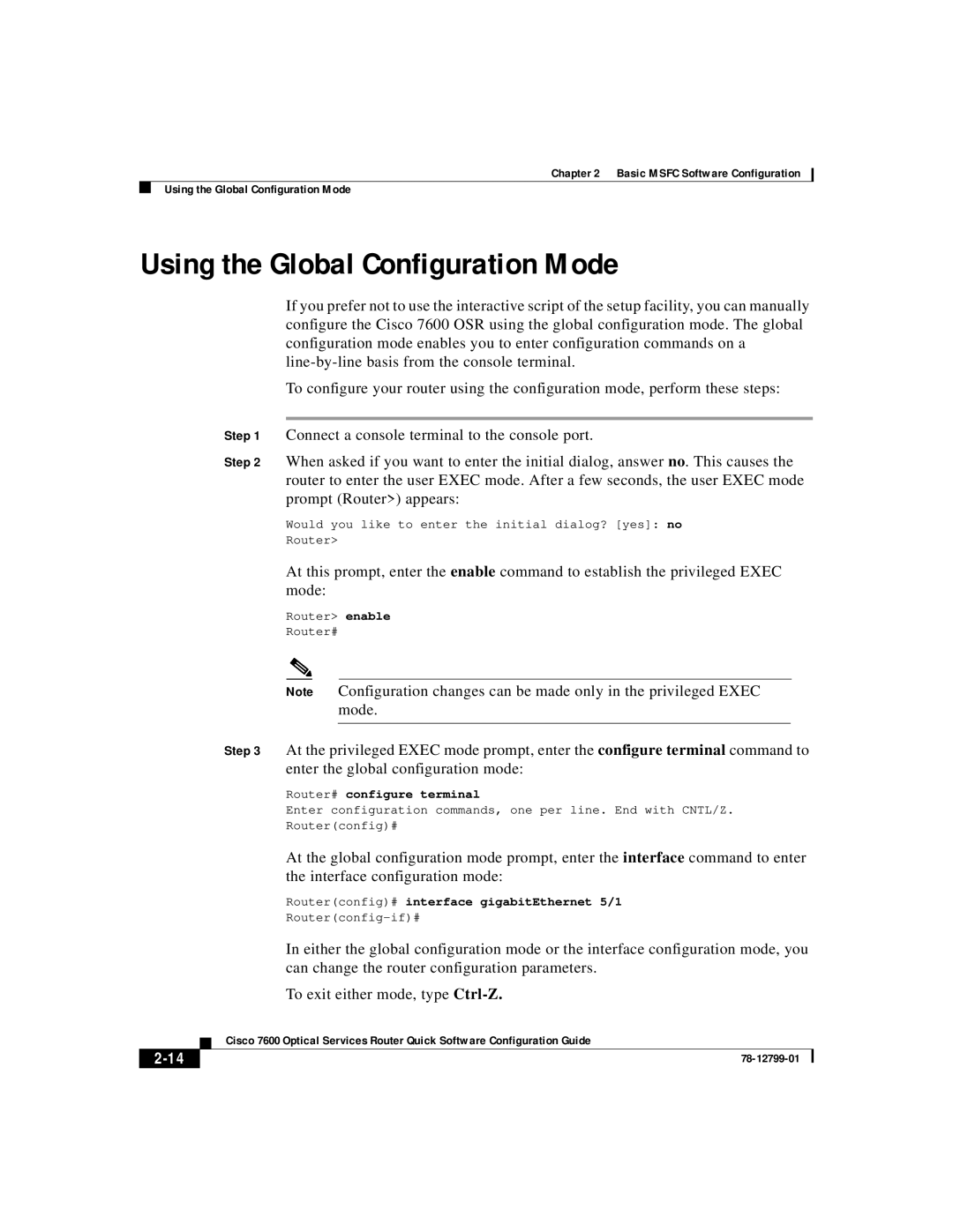 Cisco Systems 7600 manual Using the Global Configuration Mode, 2-14 