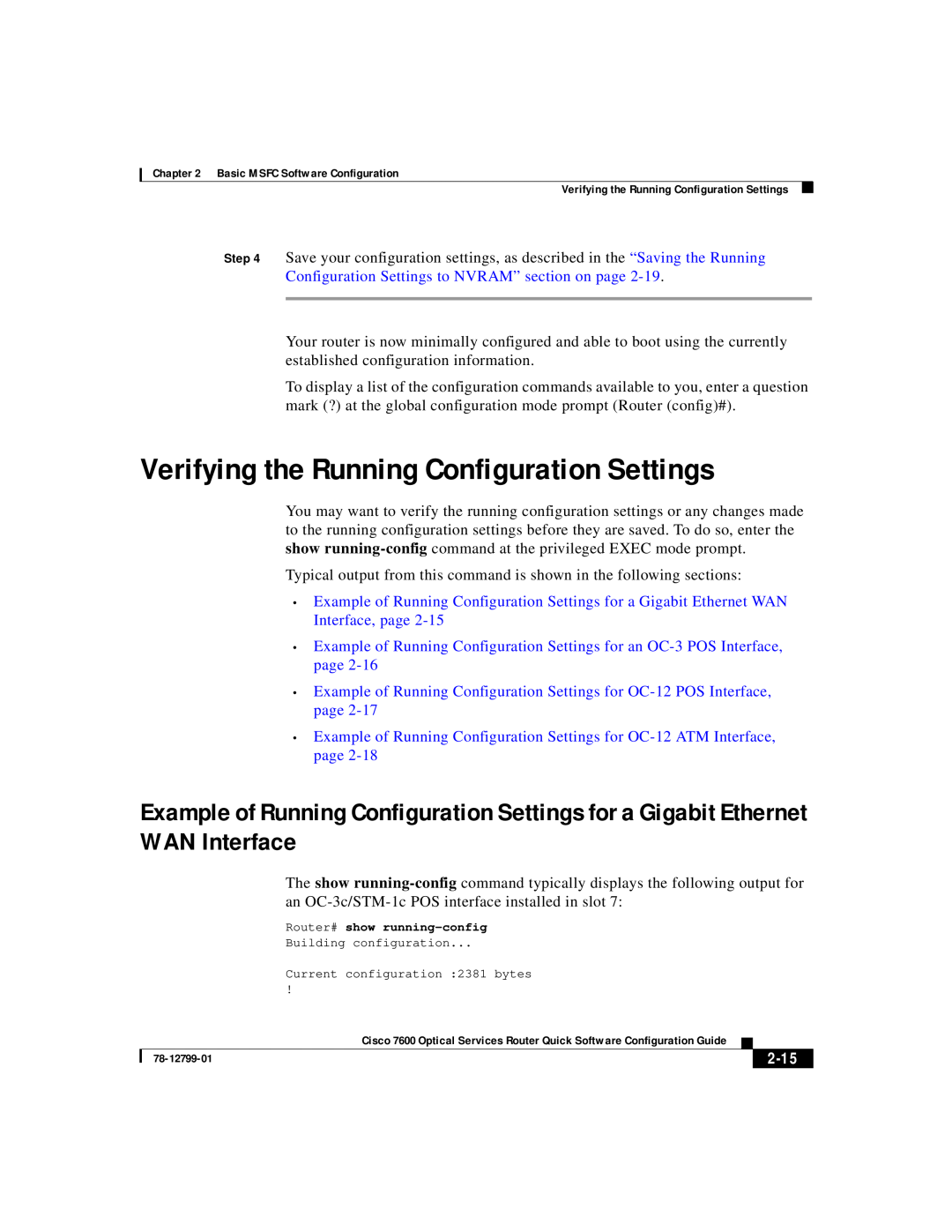 Cisco Systems 7600 manual Verifying the Running Configuration Settings, 2-15 