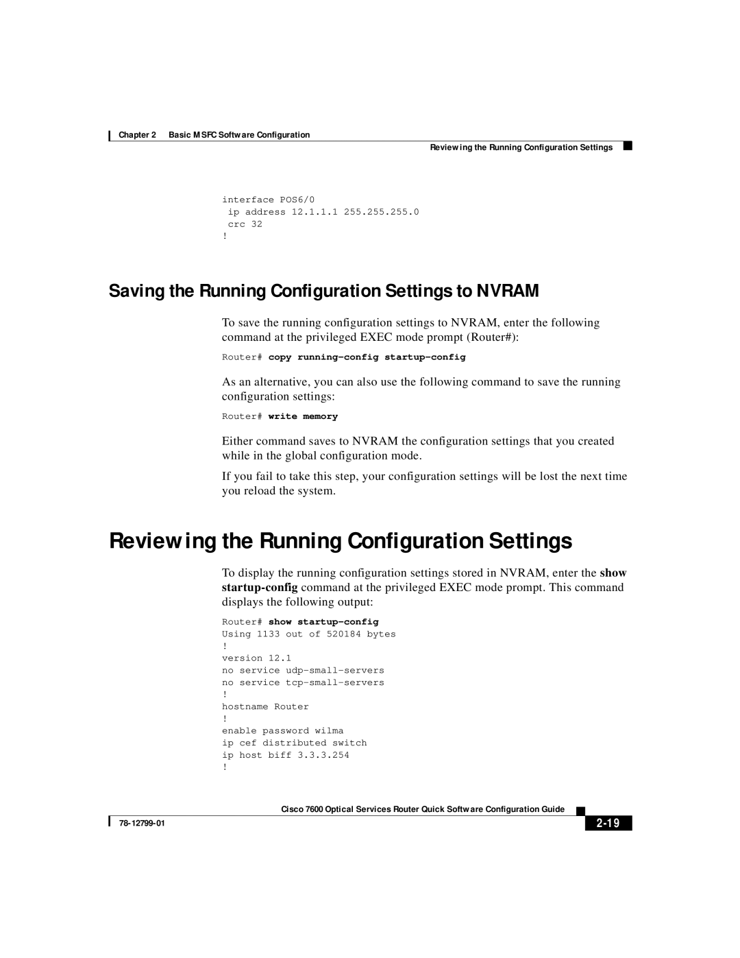Cisco Systems 7600 Reviewing the Running Configuration Settings, Saving the Running Configuration Settings to NVRAM, 2-19 