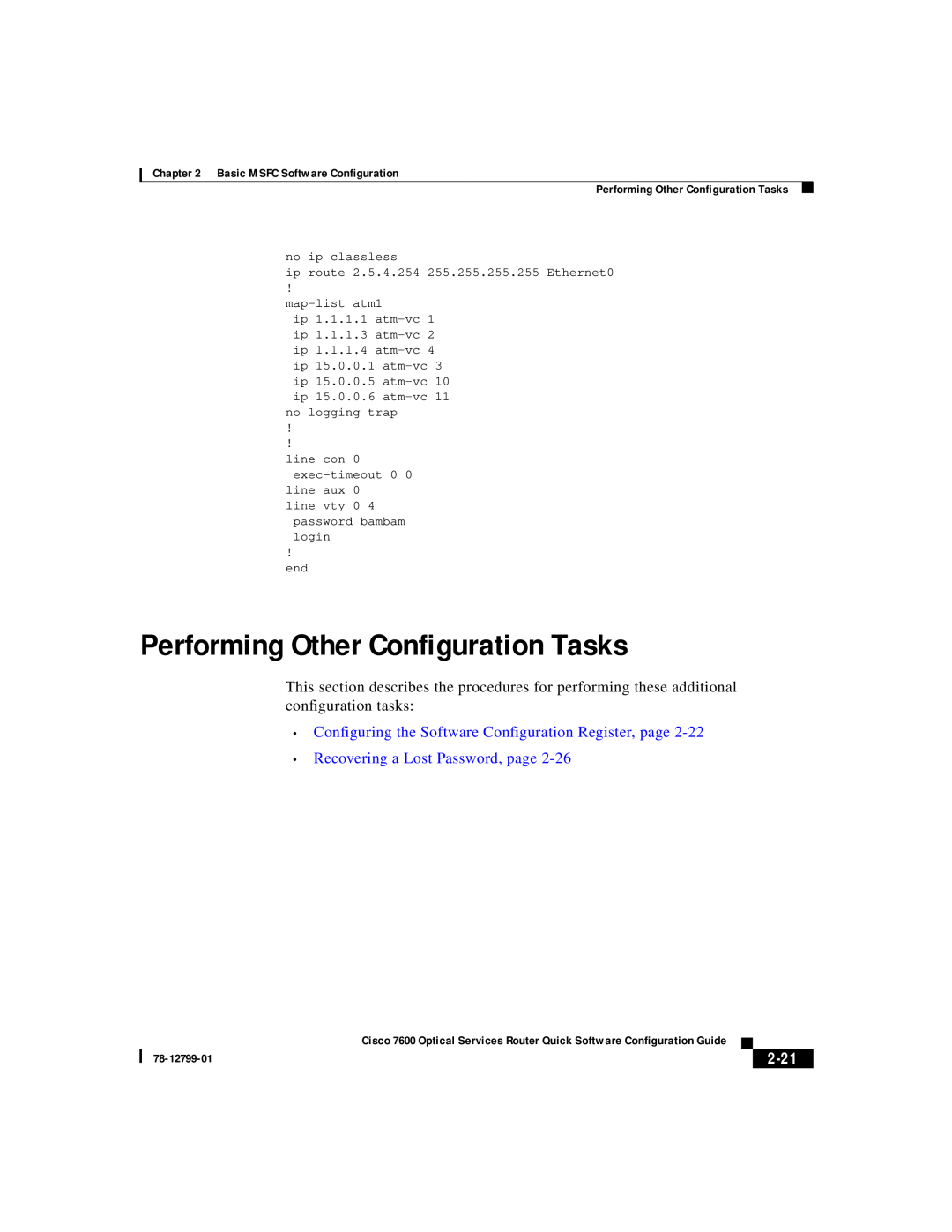 Cisco Systems 7600 manual Performing Other Configuration Tasks, Configuring the Software Configuration Register, page, 2-21 