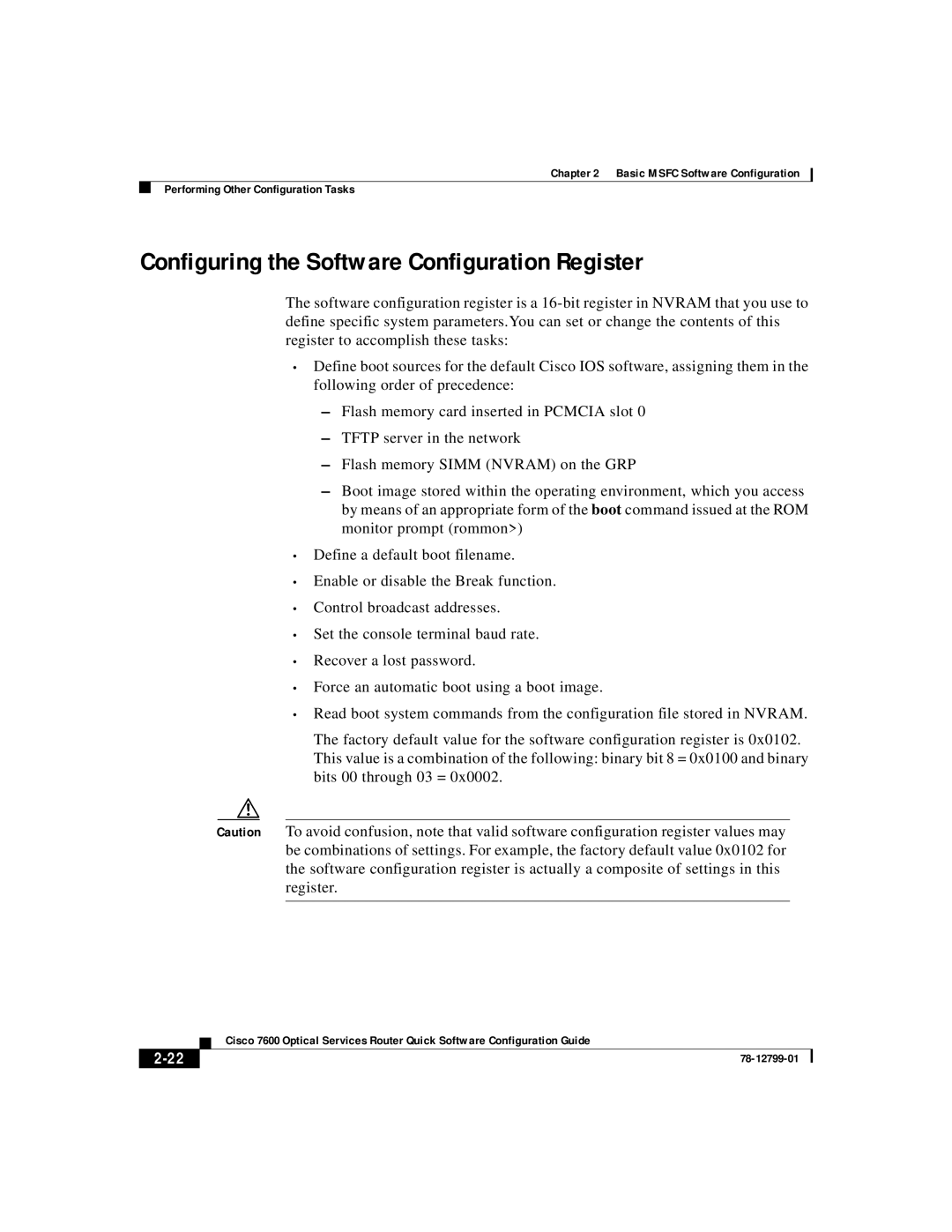 Cisco Systems 7600 manual Configuring the Software Configuration Register, 2-22 